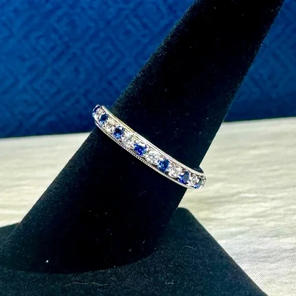TACORI 925 Sterling Silver Eternity Band CZ Blue Colored Stones; SZ 7.5 - Picture 1 of 8